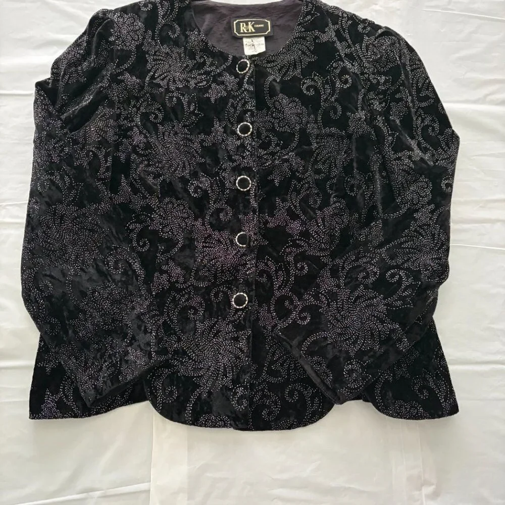 R & K Evening Vintage Jacket Black with Multi-Colored Beading Size 16 EUC